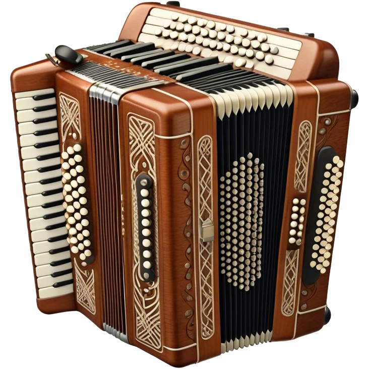 Cinematic Realistic image of a classic accordion, rendered with finely detailed textures and intricate keywork, set against a backdrop of soft, ambient lighting that highlights its vintage charm emoji