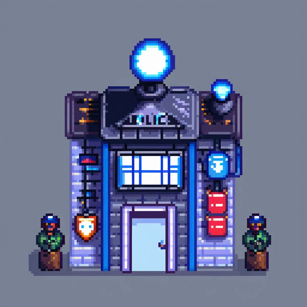 pixel art city police station with flashing lights and police sign emoji