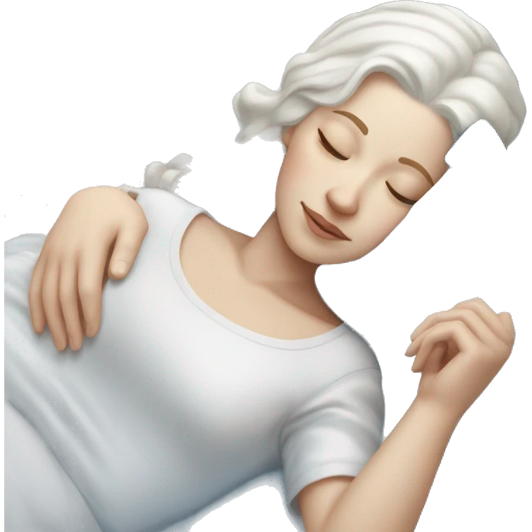 white female with white hair with a blue bow asleep on a blue-white bed emoji