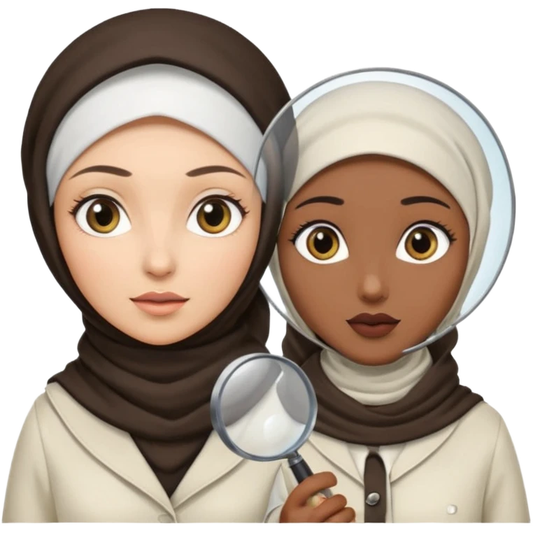 one wite hijabi one dark skin with her hair  out and hand lens and hat like true private inbestigators emoji