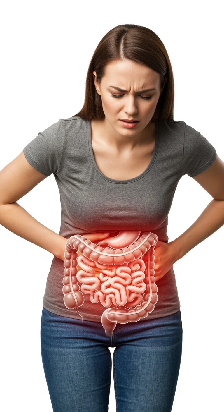 DONNA CON PANCIA DOLORANTE E INTESTINO UMANO ANATOMICO VISIBILE, ISOLATO SU SFONDO BIANCO emoji