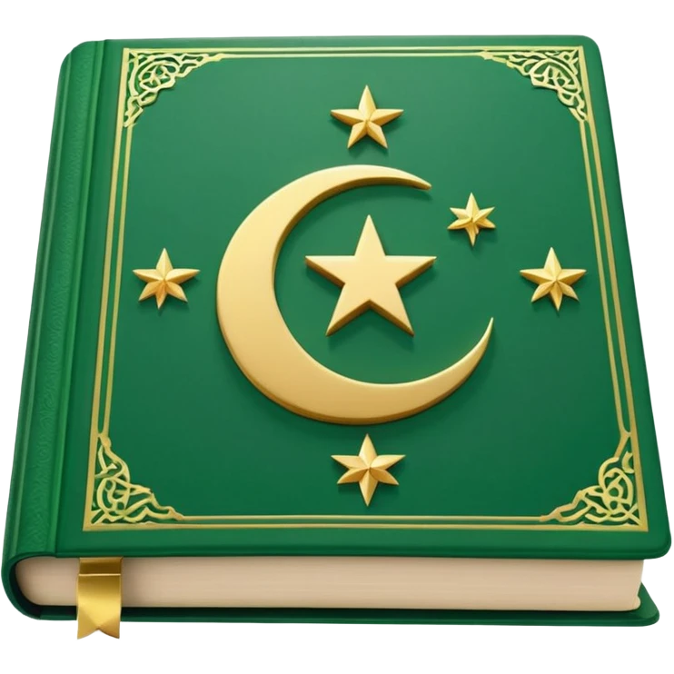 Closed Quran with the Islamic Symbol on it (moon and star) green from left to right emoji