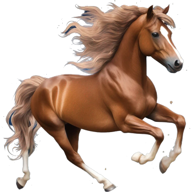 Ethereal newspaper cutting magazine collage glittering iridescent rich chestnut brown brindle blue mane horse galloping through constellations and nebulas, unicorn Pegasus emoji