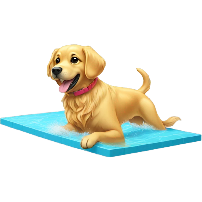 Golden retriever in a bathing suit diving off a platform emoji