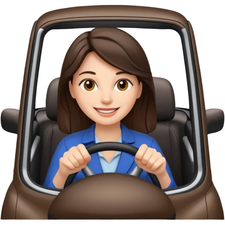 Brunette woman driving car like crazy. New car. Happy face confidence  emoji