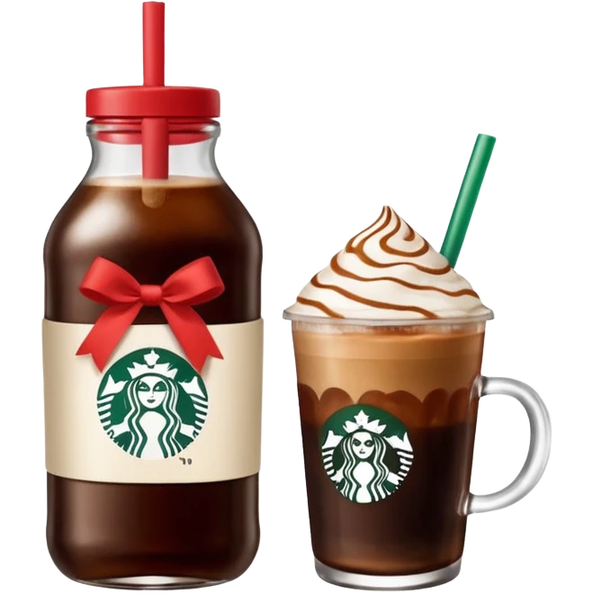Starbucks iced espresso with milk and the cup has red ribbons printed on it. There is a bottle of cinnamon dolce syrup next to it  emoji