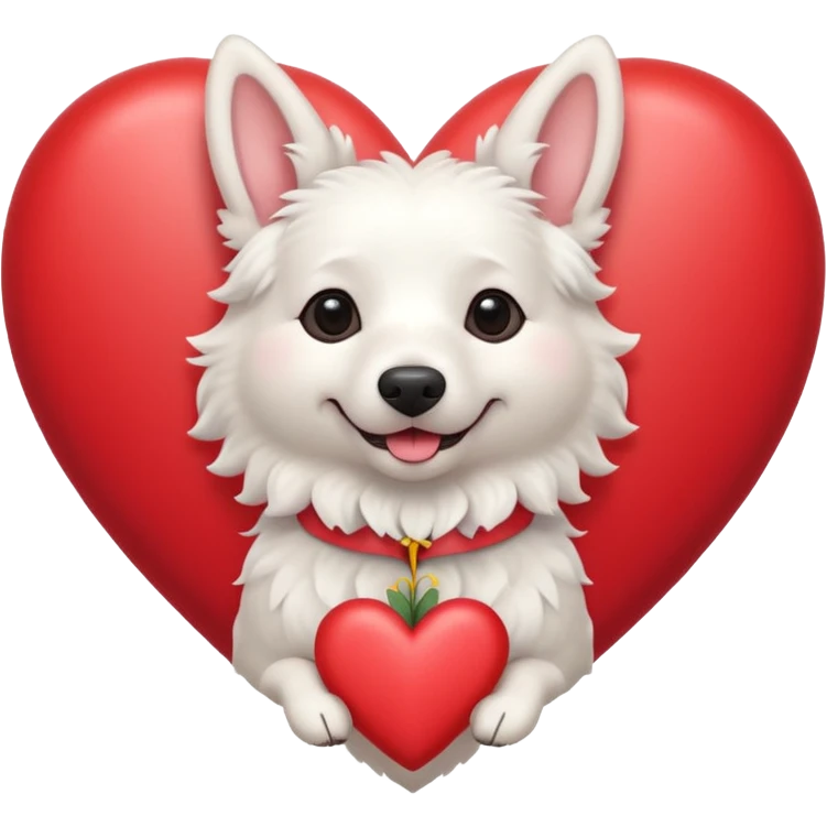 White belgian Dog with a flowerband on head is jumping in a heart emoji