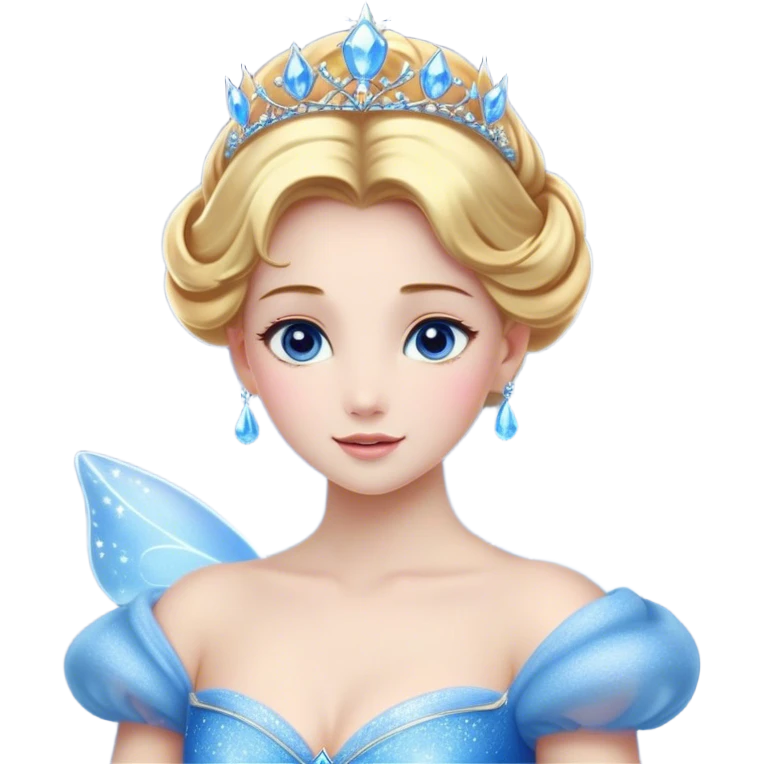 Cinematic Stunning Cinderella Portrait Emoji, Radiant in her sparkling blue ball gown, golden hair in a perfect updo, soft blue eyes full of wonder, glistening tiara, glowing with an ethereal beauty, regal yet kind, a dreamlike aura surrounds her, capturing the essence of a fairy tale princess, elegant and breathtaking! emoji