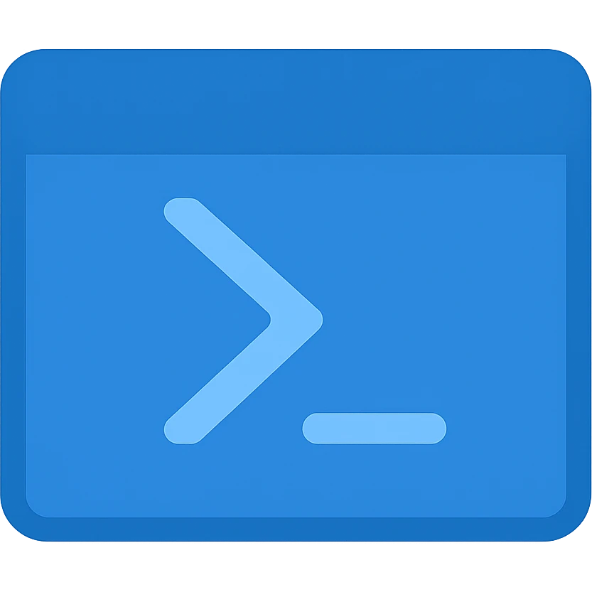 Create a PowerShell icon in a flat modern style consistent with previous blue-themed icons. Use lighter shades of blue for the terminal window and the PowerShell symbol (like >_ or the PowerShell angle bracket and dash). Keep the design clean and simple with minimal use of other colors, focusing on visibility and clarity. The background should be fully transparent. emoji