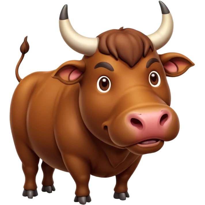 An adorable full-body 3d brown bull with large and exaggerated features in the shape of a ball. Make the background white emoji
