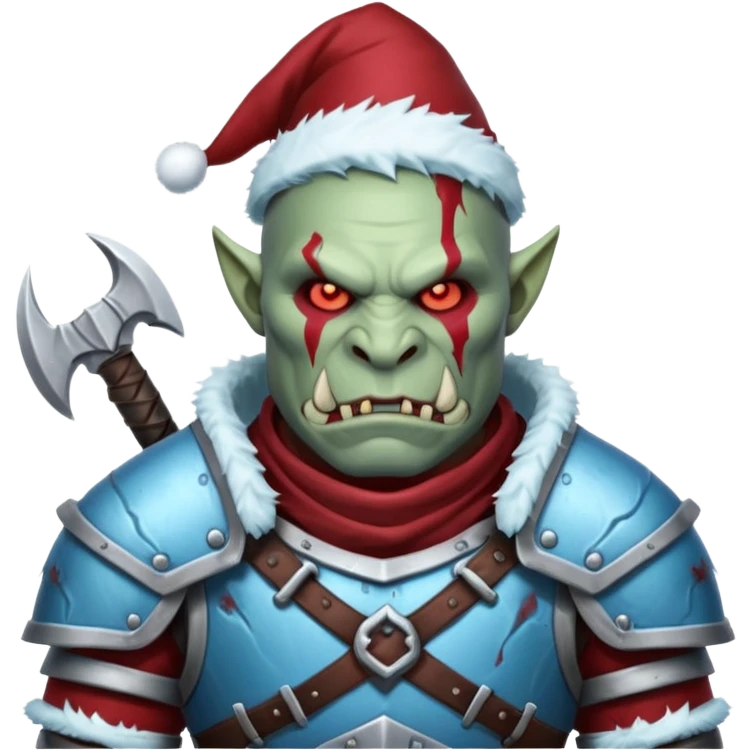 Fantasy Christmas orc legion soldier icon, iron tundra army theme, heavy winter armor, disciplined brutal look, cold steel armor cracked with frozen crimson lines, bloodfrost effect, icy blue and dark red color palette, minimal clean emoji style emoji