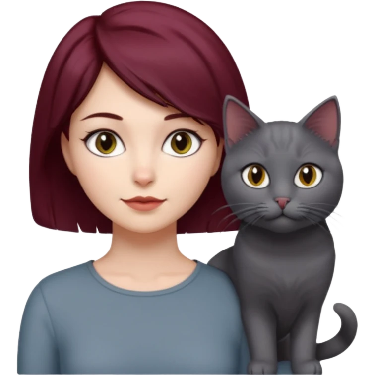 femme au cheveux court bordeau, yeux gris,  avec chat poils longs gris clair et chat poils ras noirs emoji