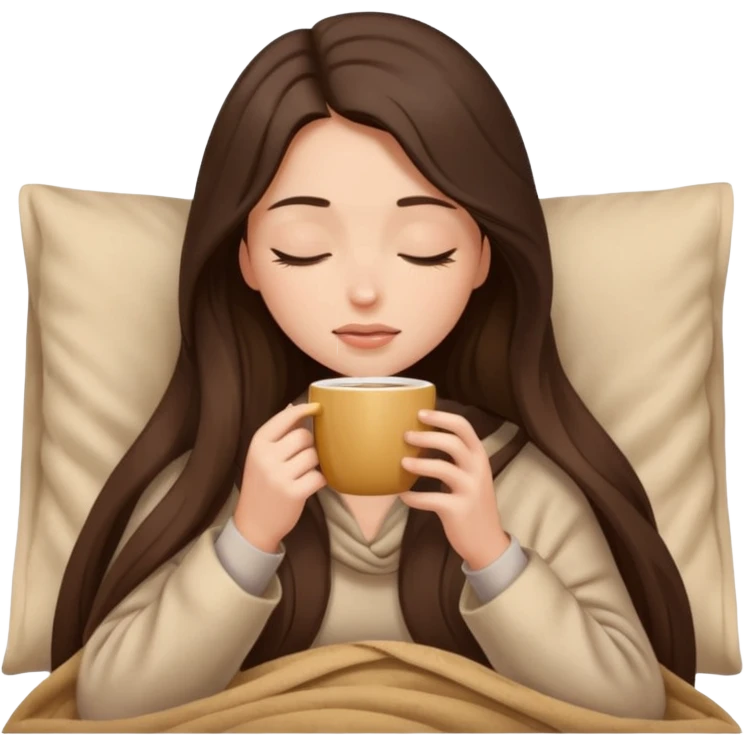 Brunette girl long hair inside a beige blanket sipping coffee eyes closed emoji