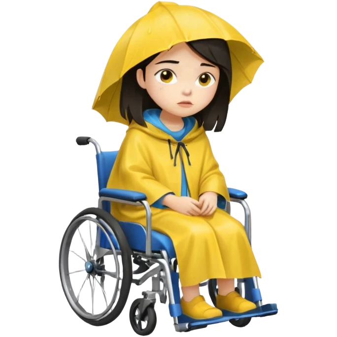 Girl with dark hair  in a wheelchair with rain poncho sad with rain  emoji