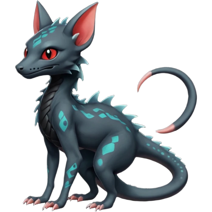 Futuristic Black Dark Abyssal Ethereal Modern Amaura-Salandit-Bayleaf-Abyss-Lykoi-Fakémon-creature-hybrid Full Body emoji