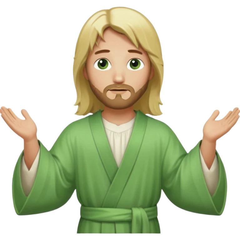 Jesus, green eyes, blonde hair, light green church robe. opening arms, gazing thoughtfully. Soft light, subtle fern. Waist-up, profile. emoji