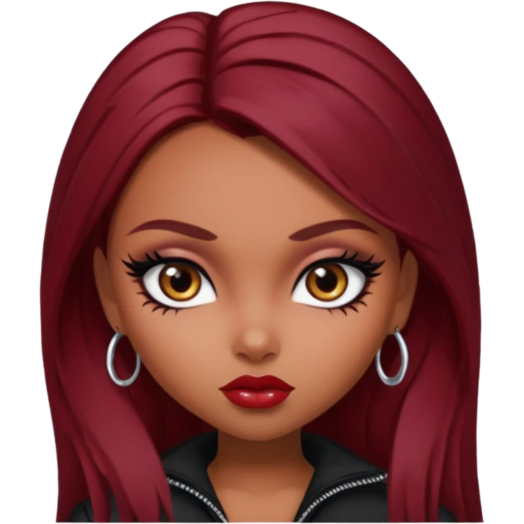 bratz baddie, beautiful eyes dark brown, eyeliner, dark red hair, middle skin emoji
