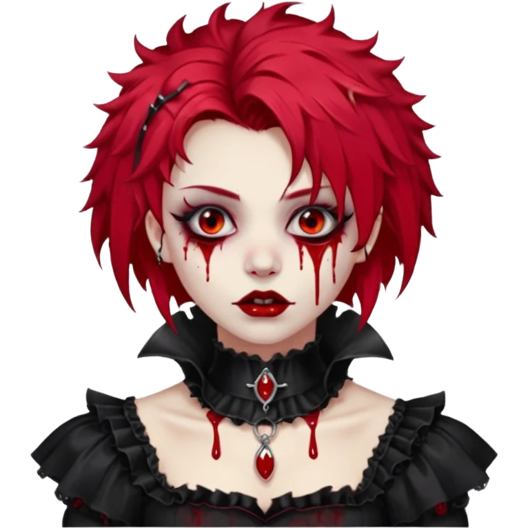 Shiny beautiful cute cool gorgeous attractive gothic vampiric lady with bloody hair, bloody lips, bloody face, blood-choker, spiked collar, frills, black dress, red rubies, messy tousled hair  emoji
