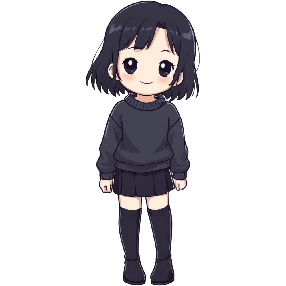 Anime girl black hair black eyes pale skin black sweater black skirt white tights transparent black high boots, who smiles and a little washed out style emoji