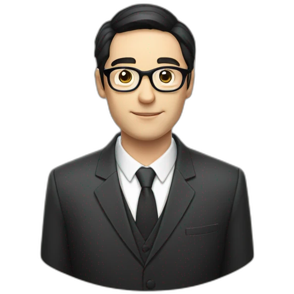 Man in a suit with black hair, pale skin, black reading glasses, and a bible emoji