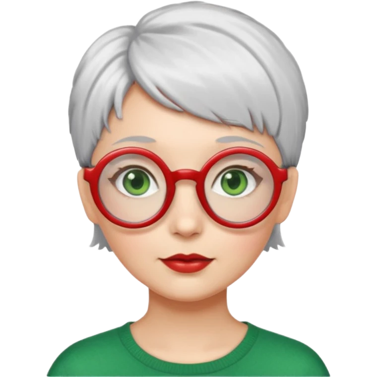 visage femme a lunettes ronde rouge avec cheveux courts gris-blancs aux yeux verts emoji