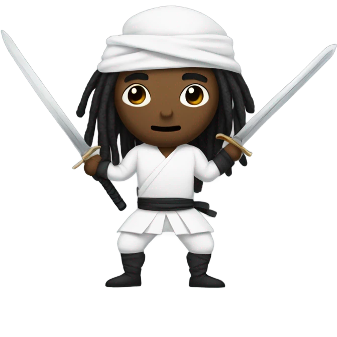 Guy with dreadlocks dressed as a white ninja with a sword emoji