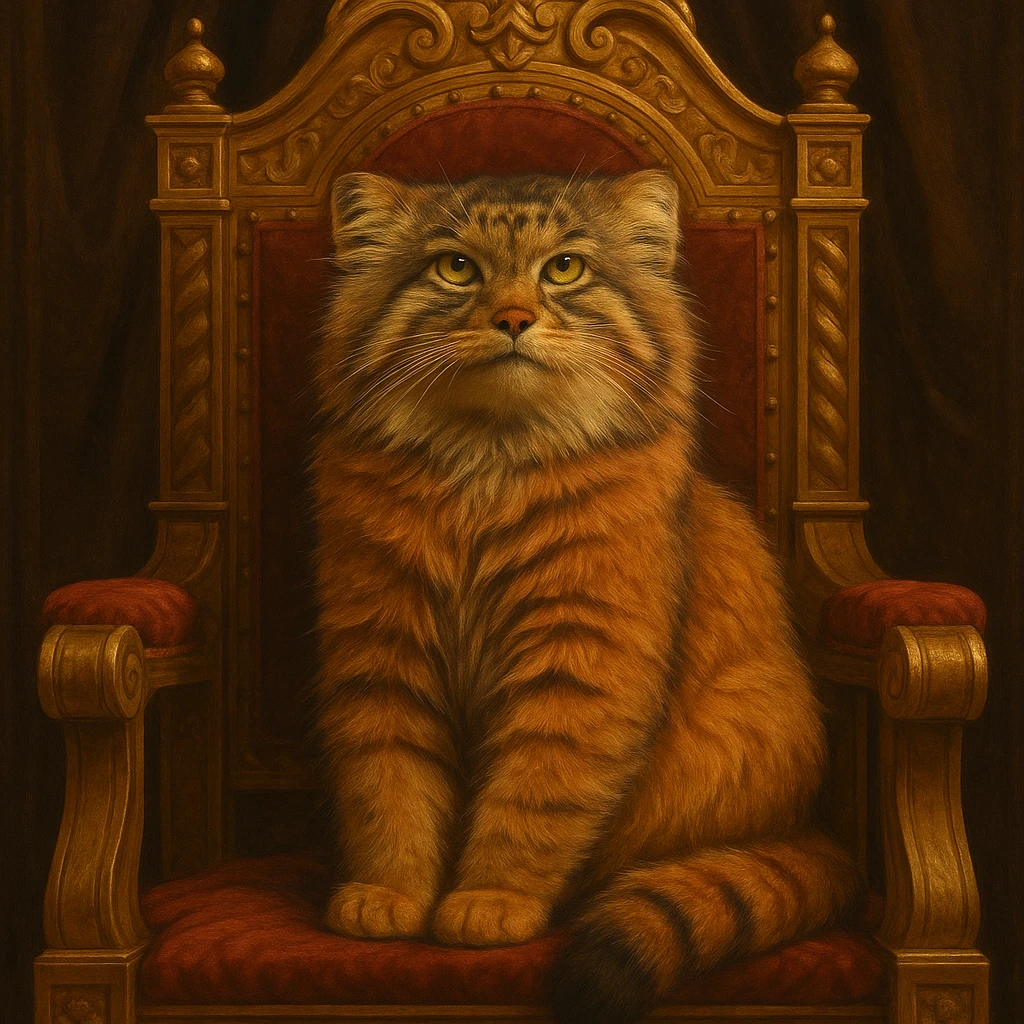 A brown-orange Pallas's cat (Manul) sitting on a royal throne, looking majestic emoji