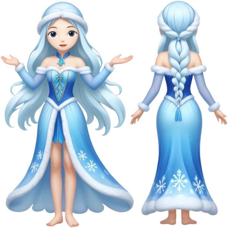 An ice Snow Maiden character with two arms and two legs, full body, front view, back view, side view, three-quarter view, consistent character design, translucent ice material, winter fairy tale style. emoji