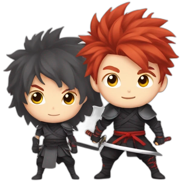 Anime ninja with Red haired young boy with cheeky grin and pointy fluffy hair with a sword in a defense pose emoji