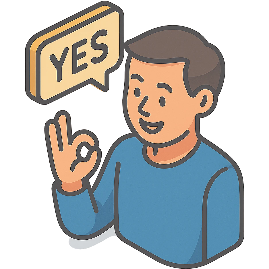 мужчина говорит - yes, и делает жест рукой в знак согласия emoji