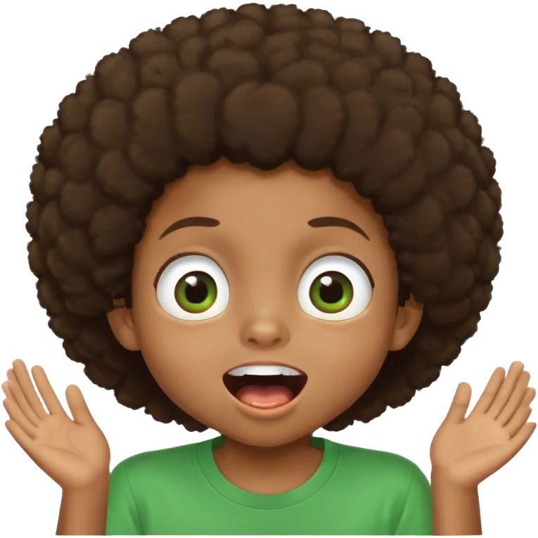 afro kid with big eyes, brown hair, green t-shirt, mouth open, smiling, looking up emoji