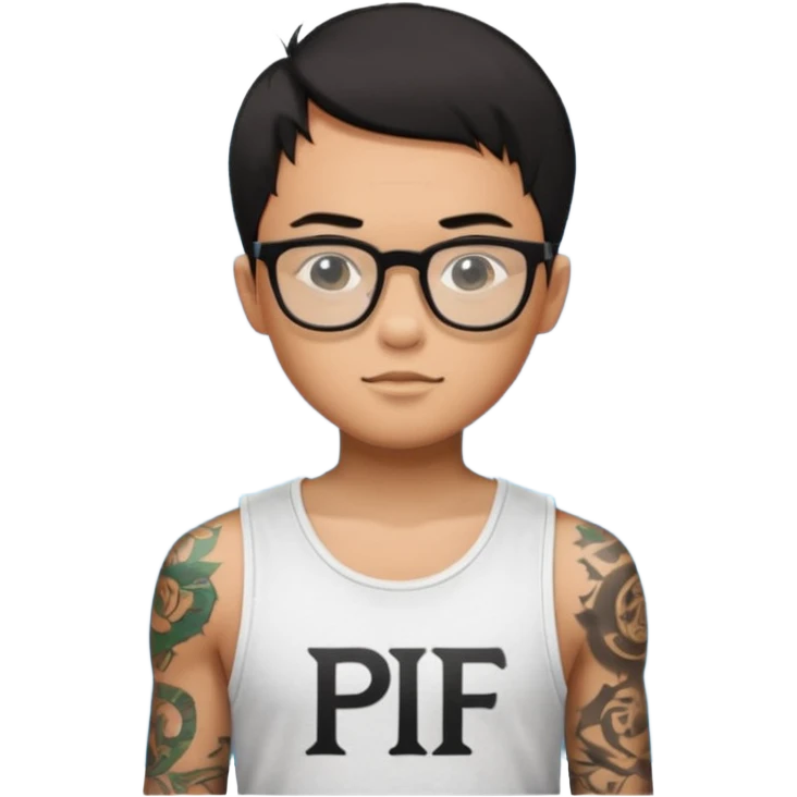 A young boy WITH A laptop, black straight short hair, wearing glasses, wearing a tanktop, has tattoos, he is asian

Add the letters "PIF" floating around him emoji