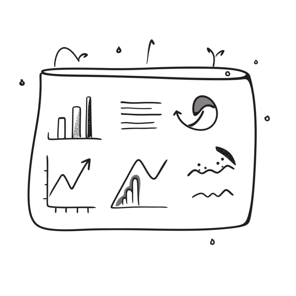 dashboard with hand-drawn doodle style graphs and charts, casual look emoji