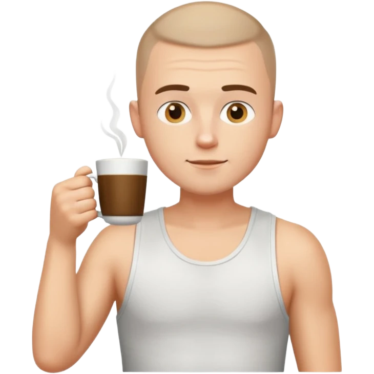 a white short guy wearing a white tank top with a buzz cut drinking a cup of coffee emoji