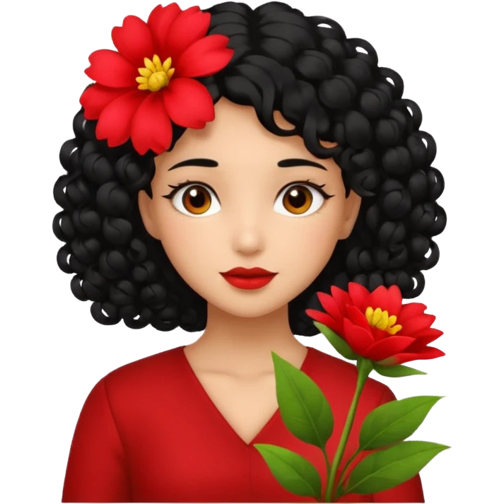 A girl with curly  black  hair and res flowers in her hands emoji