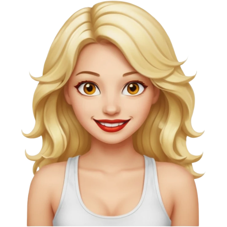 a woman with white tank top and smile, her hair is long wavy blonde hair, her face is baddie girl style, her eyes color are yellow and the color of her lip is soft red emoji