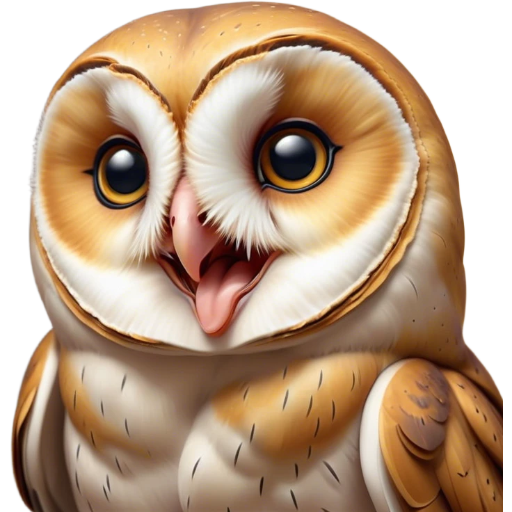 Cinematic Cute Yawning Barn Owl Portrait Emoji, Head tilted slightly with a dramatic, wide-open yawn, showcasing a soft, mottled plumage with subtle brown accents and gently drooping feathers, round amber eyes barely open in drowsy contentment, Simplified yet irresistibly adorable features, highly detailed, glowing with a soft, cozy glow, high shine, relaxed yet expressive, stylized with a touch of nocturnal whimsy, bright and endearing, soft glowing outline, capturing the essence of a sleepy yet affectionate owl, so drowsy it feels like it could glide out of the screen and curl up for a nap! emoji