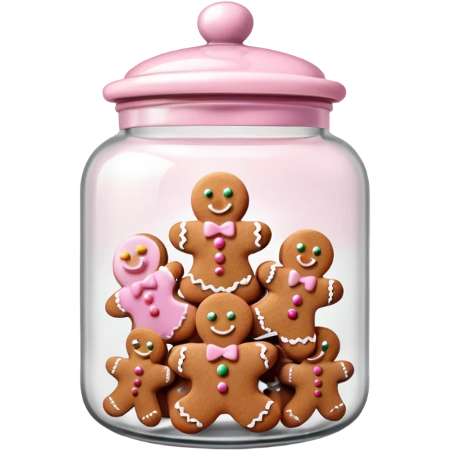 Realistic glass cookie jar with light pink lid full of gingerbread cookies isolated.  emoji