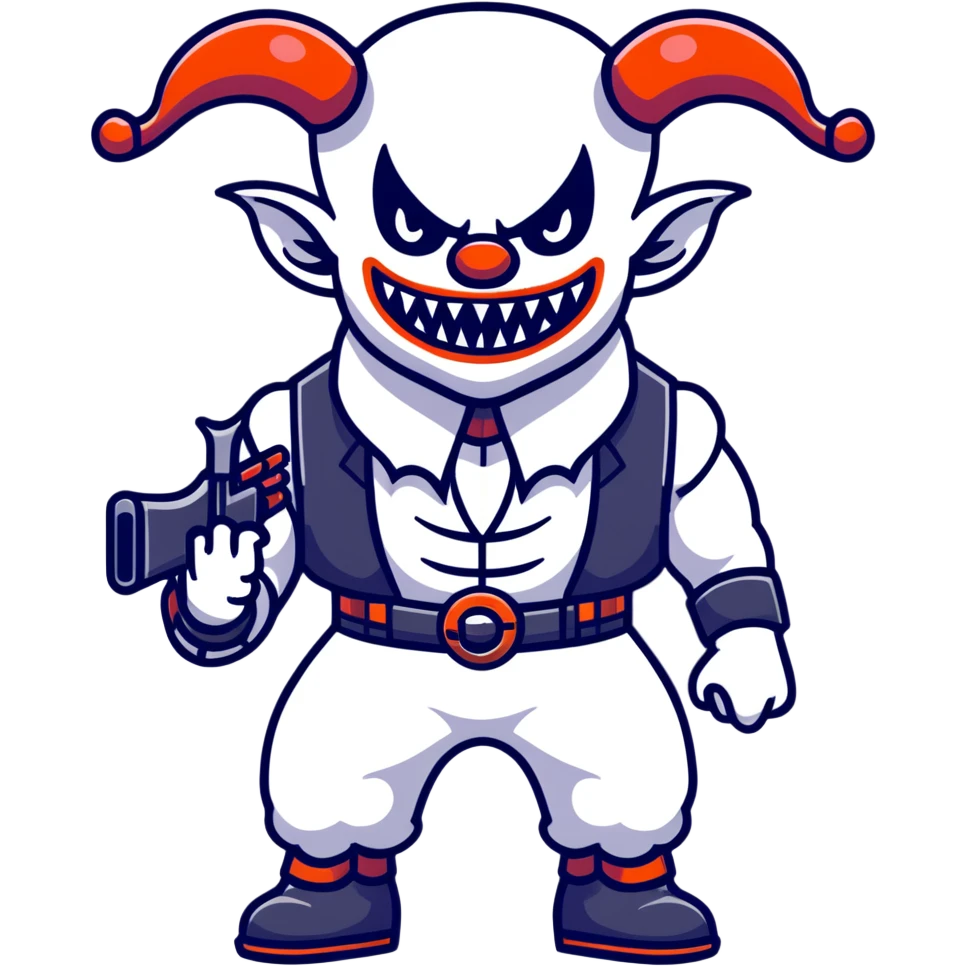 full-body muscular demonic clown, battle-ready, black and white leisure suit with bellbottom pants, bald, black ram horns, flashy black and white belt, ruffled white shirt, no neck tie, large fangs, holding very large futuristic rifle emoji