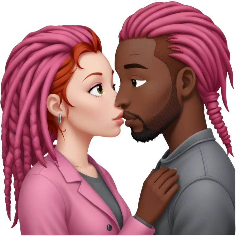 Mulher ruiva, pele branca, roupinha rosa, beijando um homem negro, com dreads nos cabelos e roupa cinza emoji
