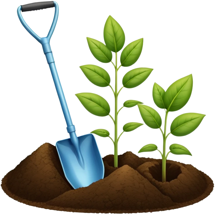 An icon featuring a shovel, a plant symbolizing agronomy. The design includes crops, a field, and a watering can, representing the science of soil management, crop production, and sustainable farming. Transparent background highlights agricultural research and growth. emoji