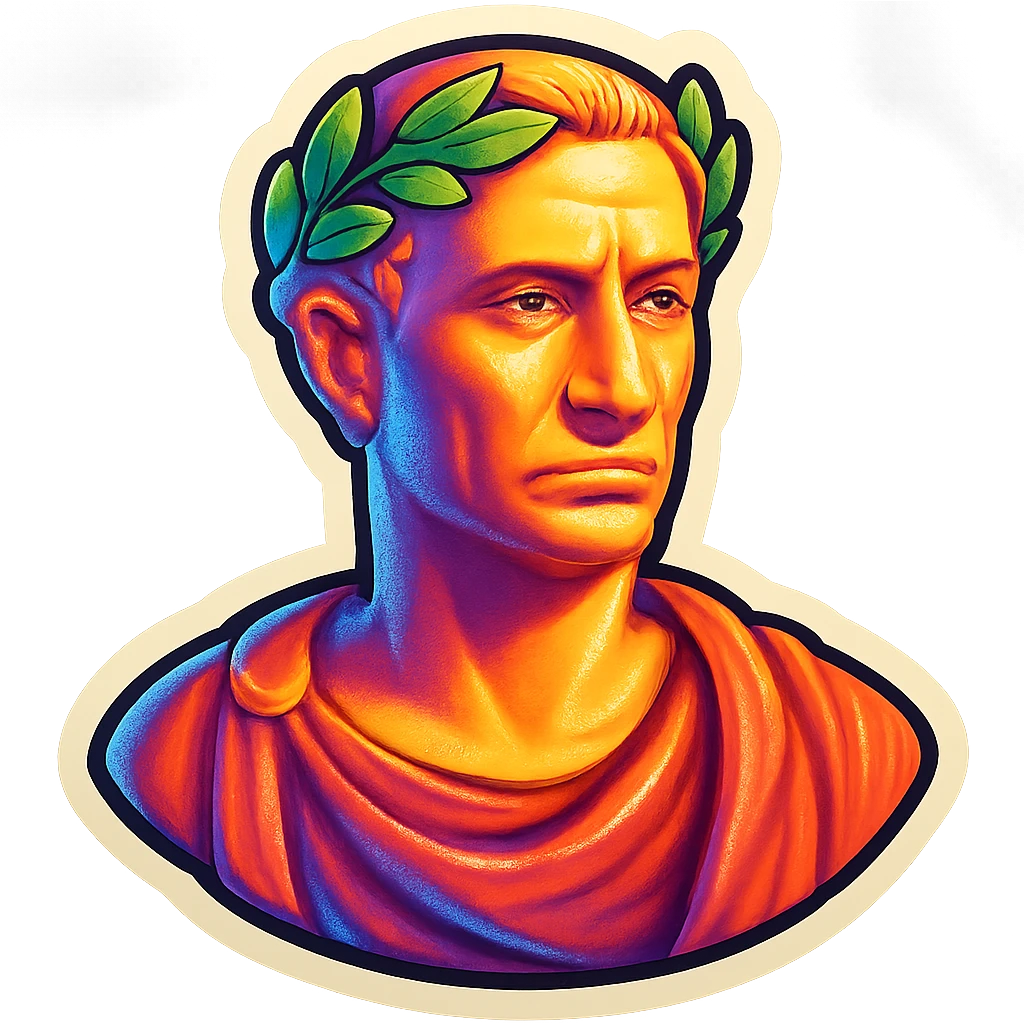 Julius Caesar as a retro sticker, bust portrait, laurel wreath, toga, retro sticker style emoji