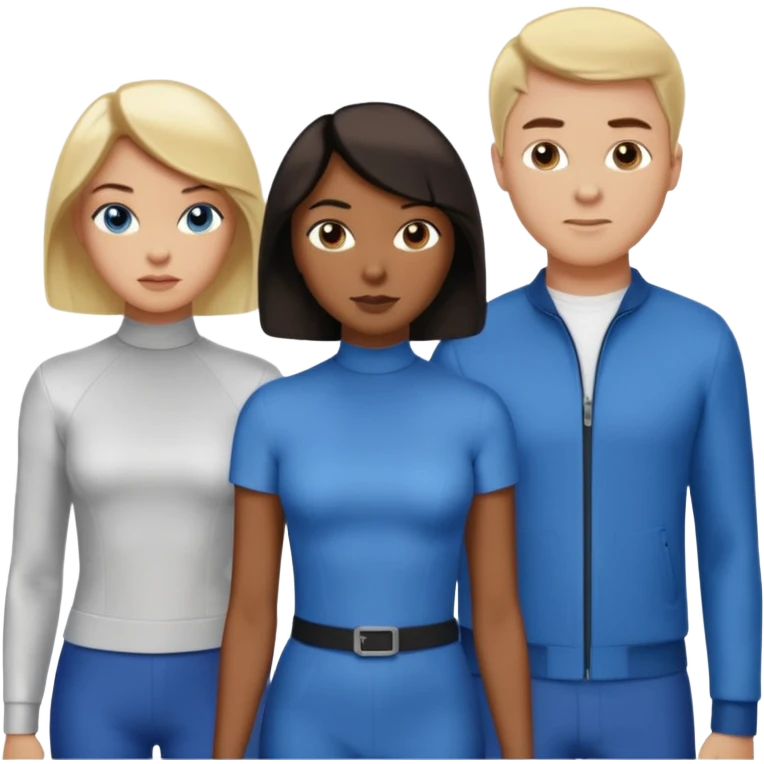 3 Friends standing side by side, charlie's angels style: 1 black woman with a short flat pressed bob, 1 hispanic man with a thin nose and long hair, and 1 white guy with blue eyes and a short brown-blonde haircut emoji