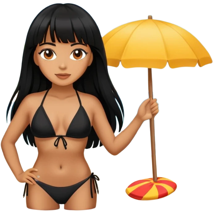 Latina female with bangs black long hair fat in the beach with black bikini emoji