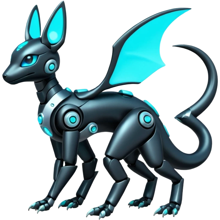 Shiny White Metallic Futuristic Robotic Mechanical Glowing Salandit-Umbreon-Fakémon-hybrid-creature (full body) with cyan accents emoji
