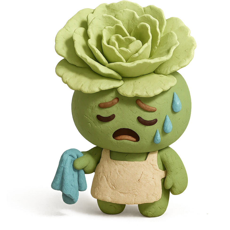 light green carnation flower with a messy apron and exhausted face, sweat dripping, holding a cleaning rag, super round chibi style, claymation style emoji