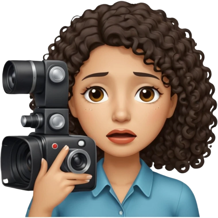 Hispanic Woman with shoulder length dark curly hair holding a camera crying tears emoji
