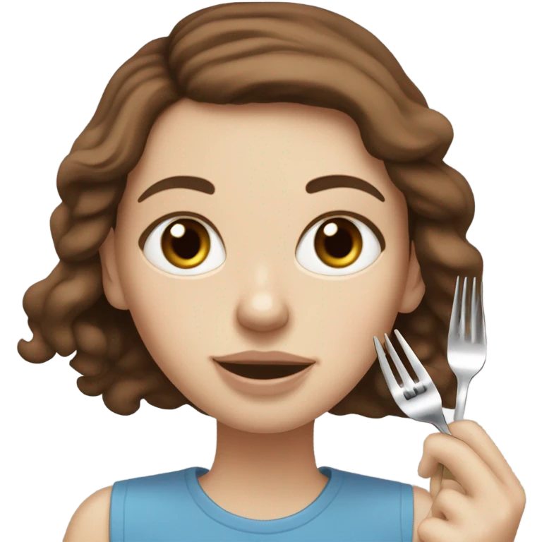 White girl Brown hair blue eyes freackles eating Tofu salad with fork emoji