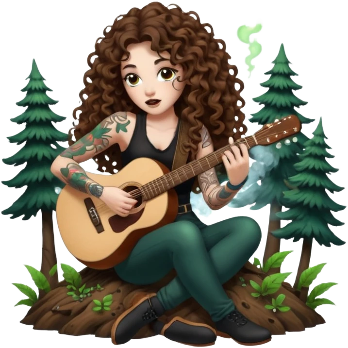woman with long curly brown hair, brown eyes, white skin, tattoos, blowing glowing forest spores like stage smoke after a guitar solo emoji