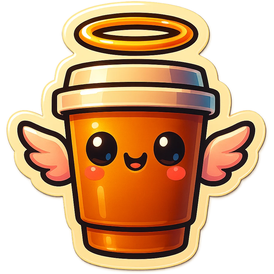 Tall coffee cup, shiney eyes, angel halo, wings emoji